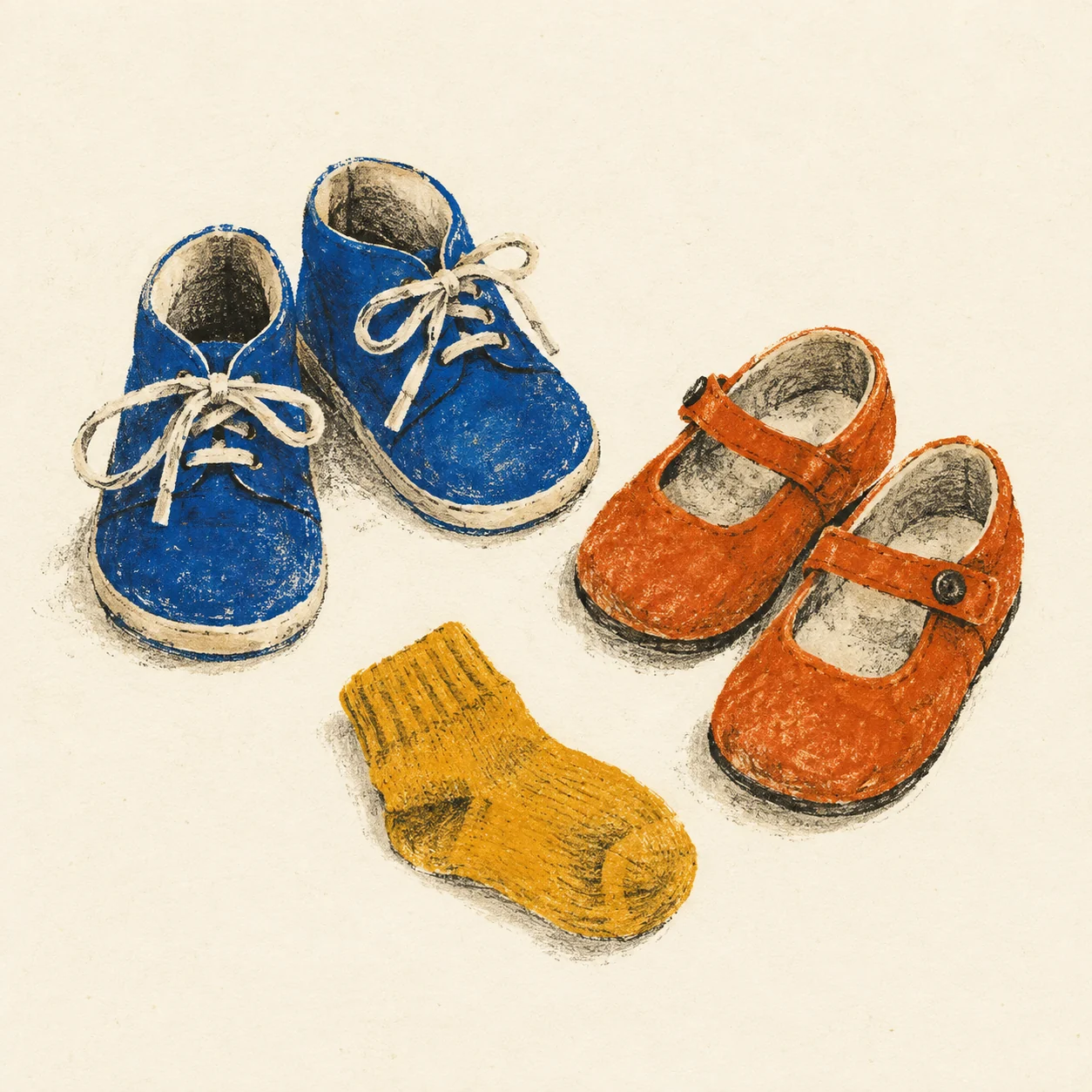 A symbolic illustration of two pairs of toddler shoes and a tiny baby sock.